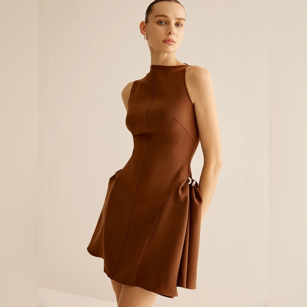 Asymmetrical Collar Mini Dress in Brown size XS